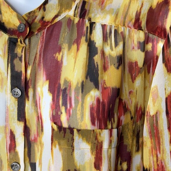 Blouse Top Two by Vince Camuto Brown Amber Burgundy Sheer Button Front LS Sz L - Picture 6 of 10